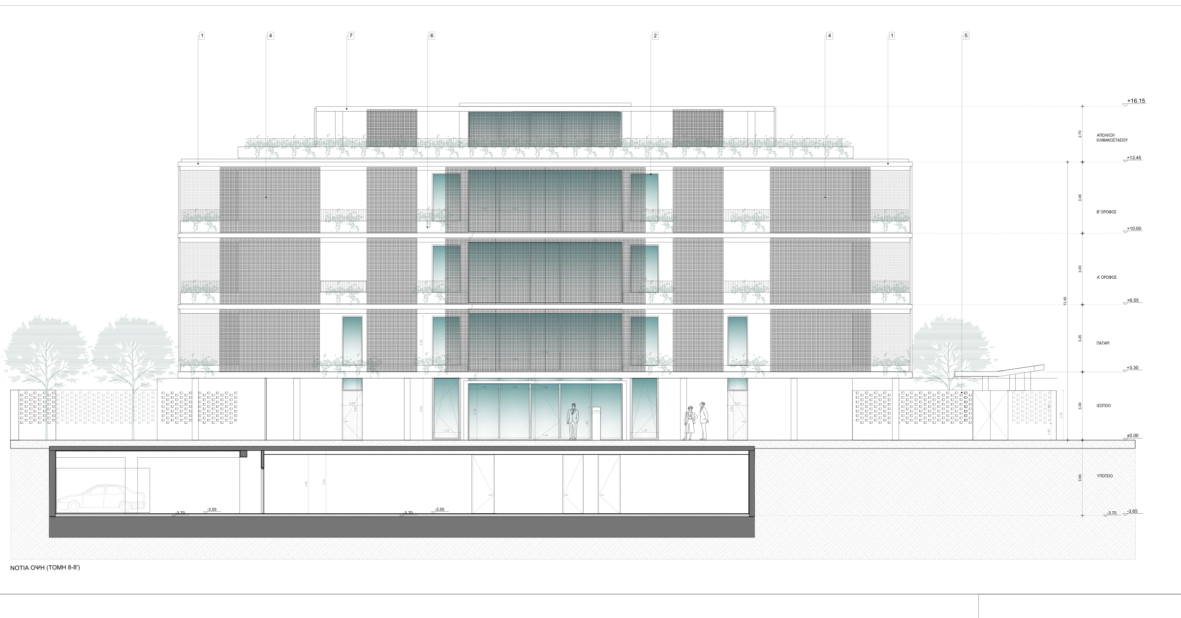 South elevation and basement section