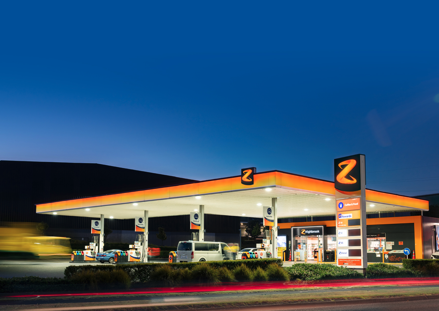 A nightime shot of a Z Energy station