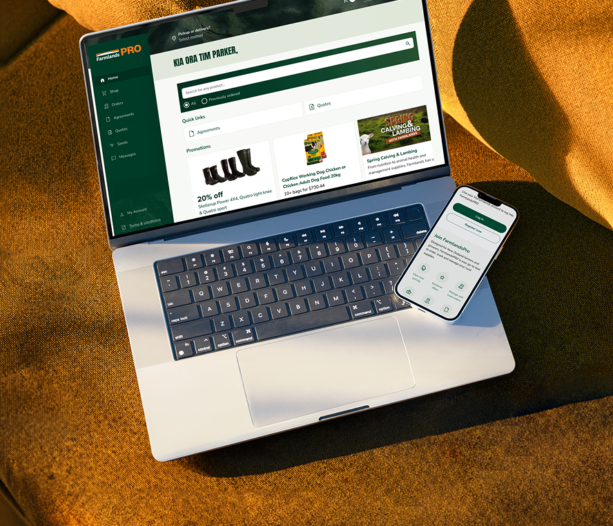 Laptop computer displaying a Farmlands e-commerce order details page, showing agricultural products including Reliance Sheep Feed and Campbells Nitro-K fertilizer, with order total of $190.06 and delivery information visible on screen