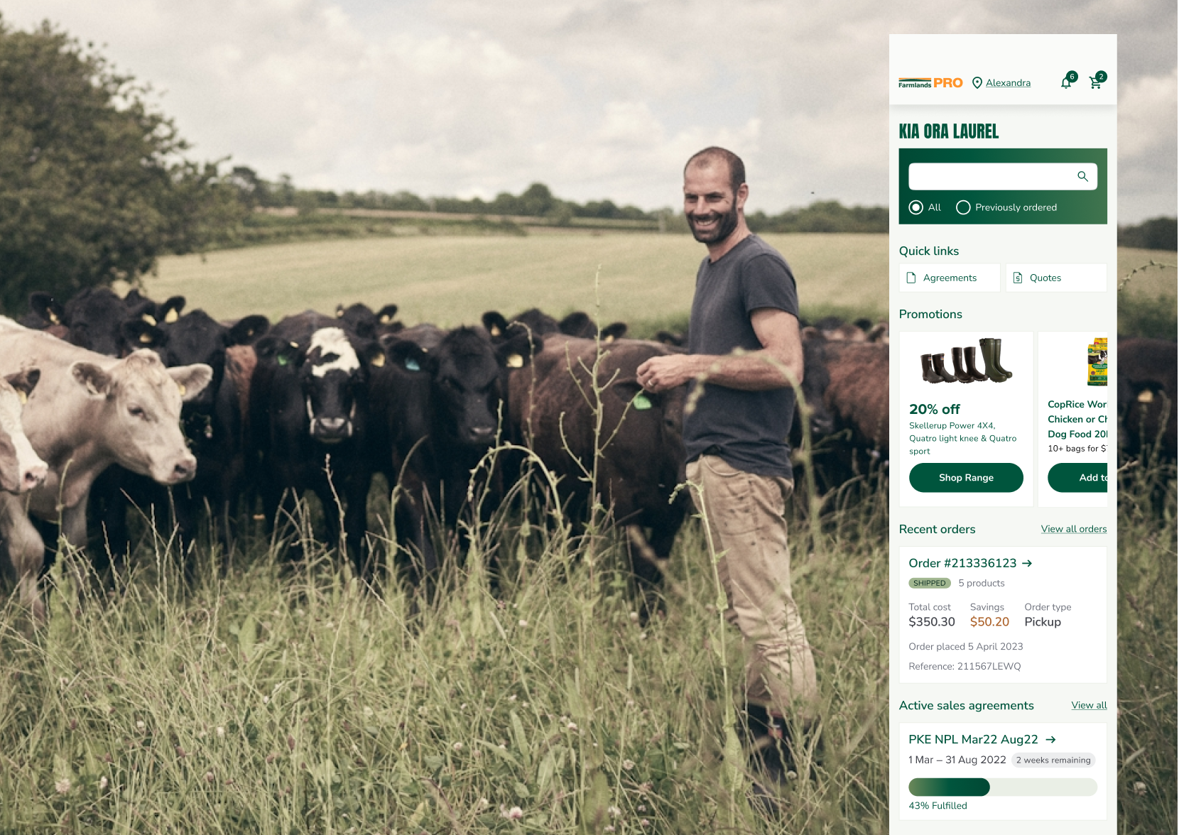 Farmlands digital dashboard displayed on a computer screen showing customer insights and analytics, including spending summaries ($150,000 total, $37,000 through price discounts), budget tracking charts, and product order data, with notification panels on the right showing upcoming orders, delivery status, and agricultural recommendations