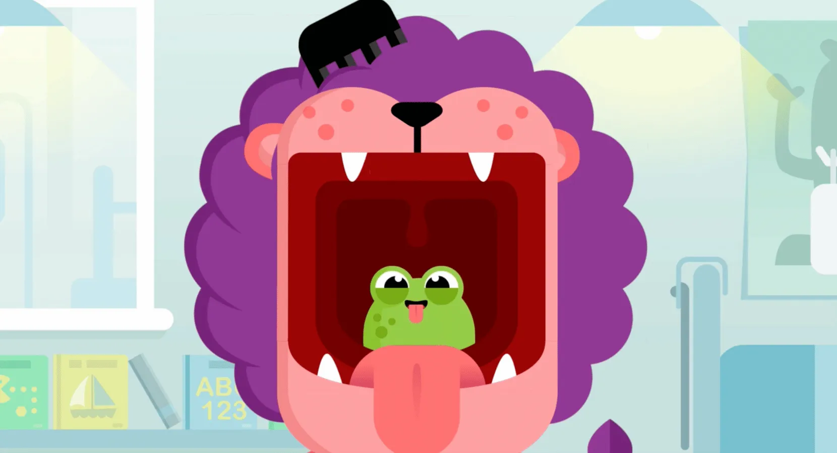 Illustration of a lion with a frog in its mouth from Starship Animal Doctors