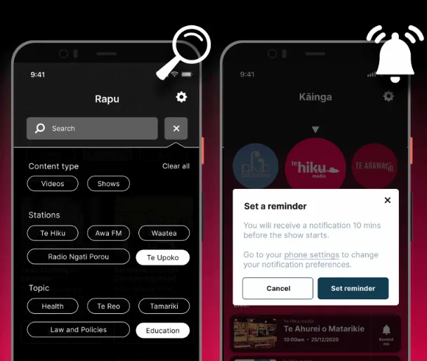 Screenshots of Te Hiku Whare Korero on mobile showing search and notifications