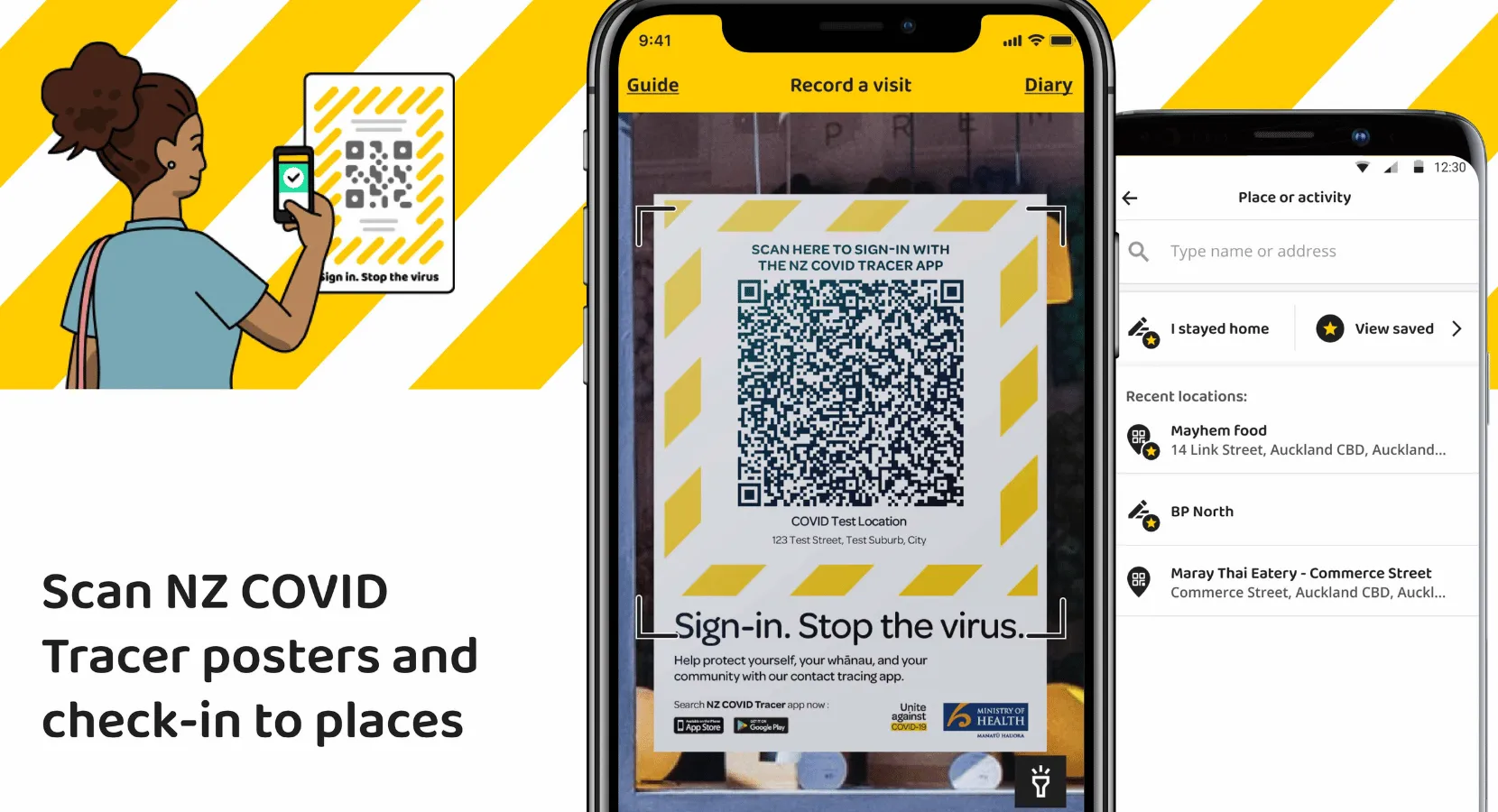 NZ COVID Tracer app screenshot and poster