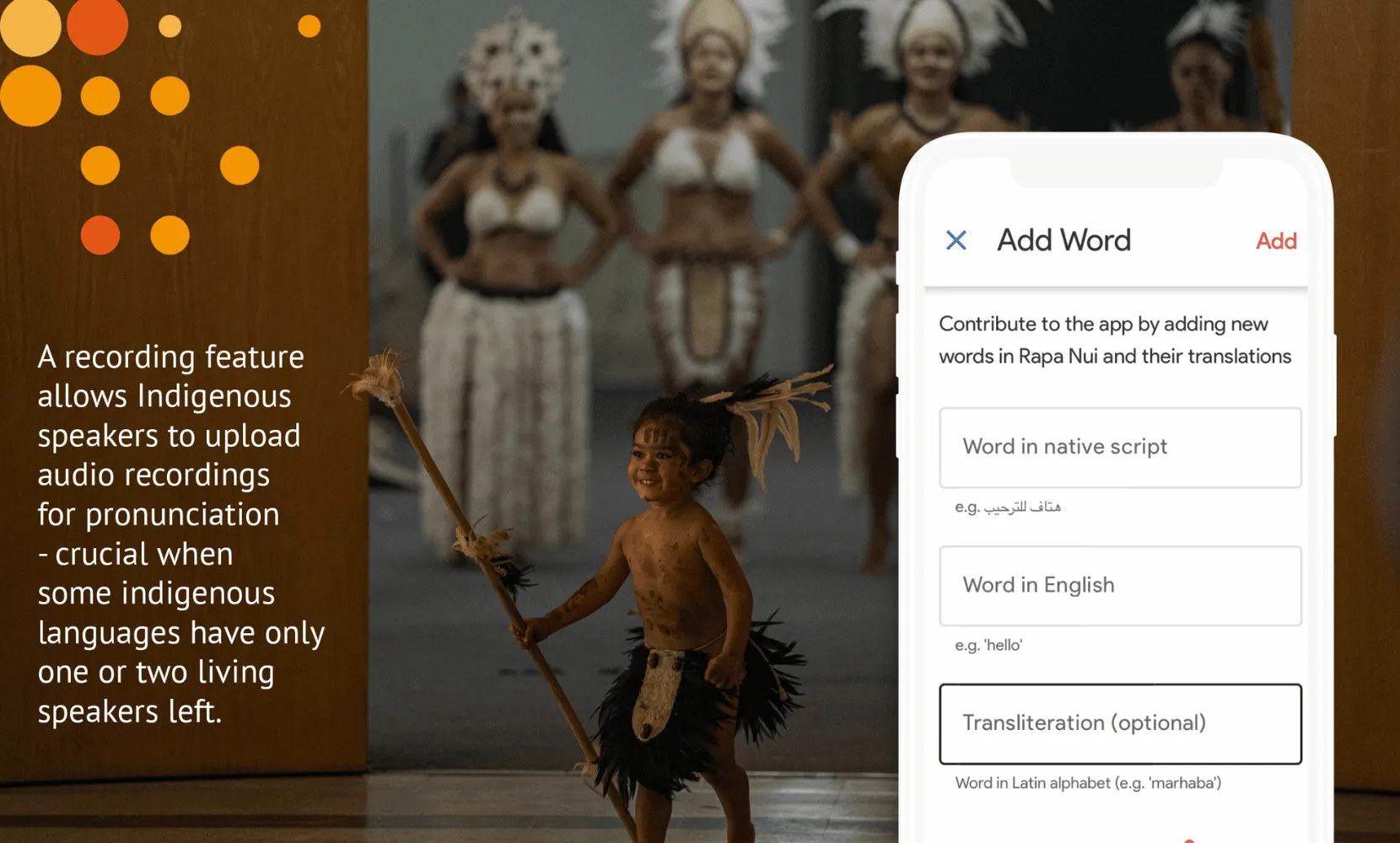 A screen showing the language function of Google Woolaroo, laid over an image of indigenous people in traditional costume