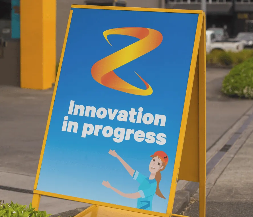 Z Energy sign that says 'Innovation in Progress'