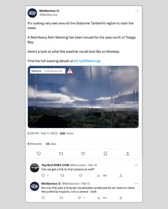 Image of a weather visualisation on the MetService twitter feed