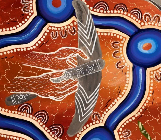 Painting of white dot hand holding wooden painted sticks. On red background with blue channels.