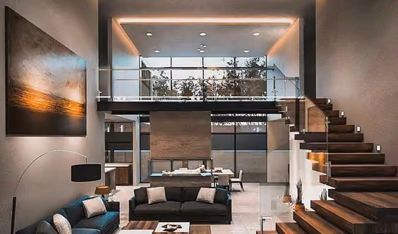 Modern living room and glass railing showcase with customized lighting.