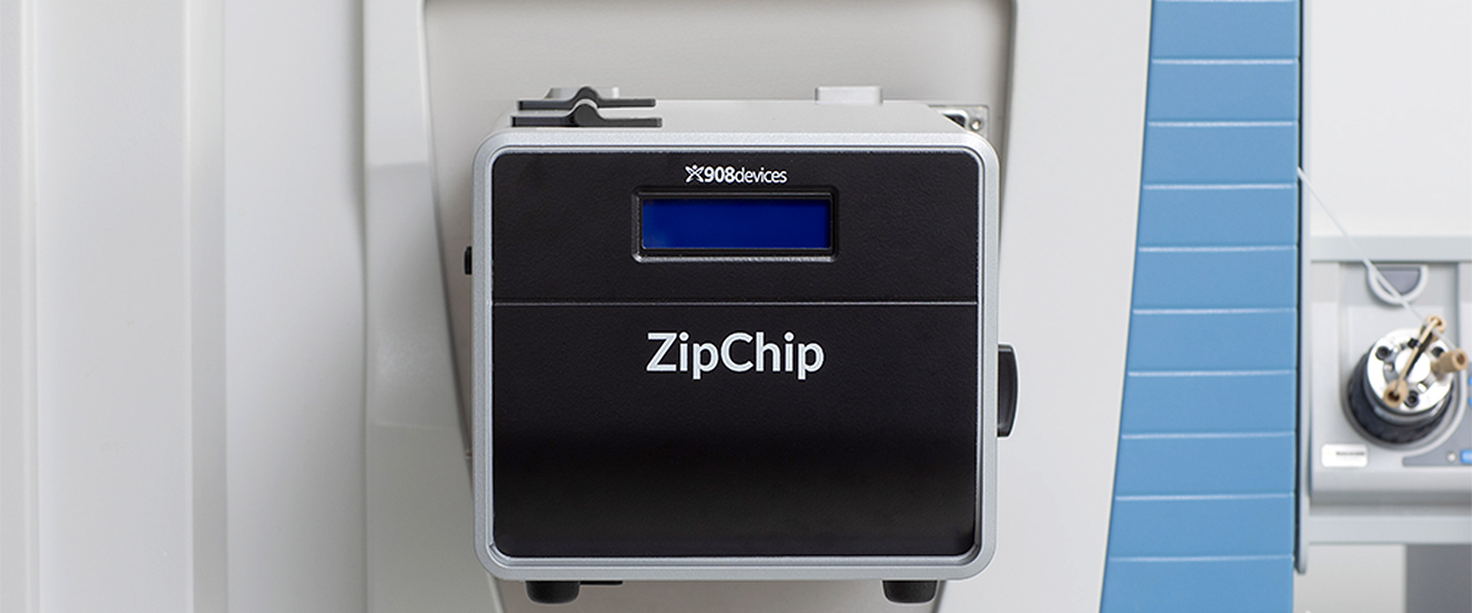 ZipChip is sitting in a photo studio with a dark gray background in 3/4 perspective