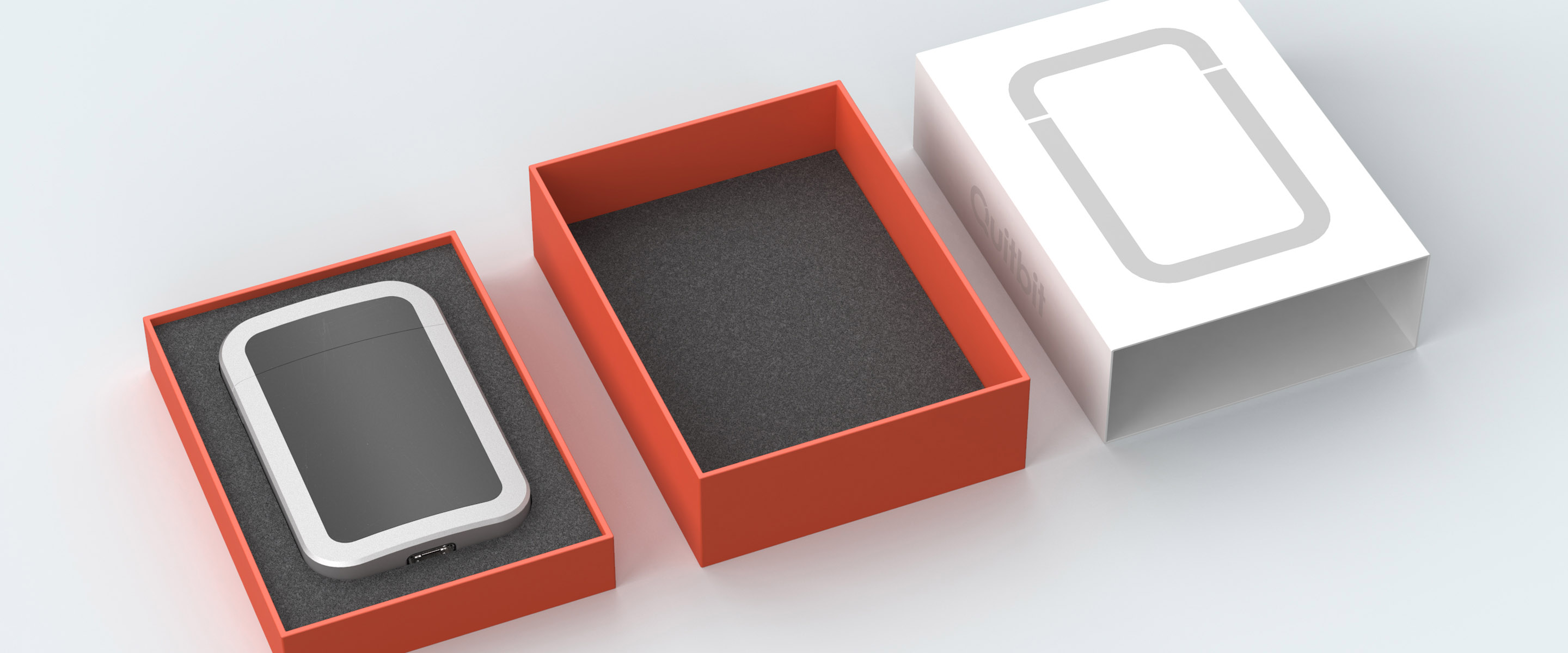 Front and back of the Quitbit smart lighter with a small flame animation being shown on the display.