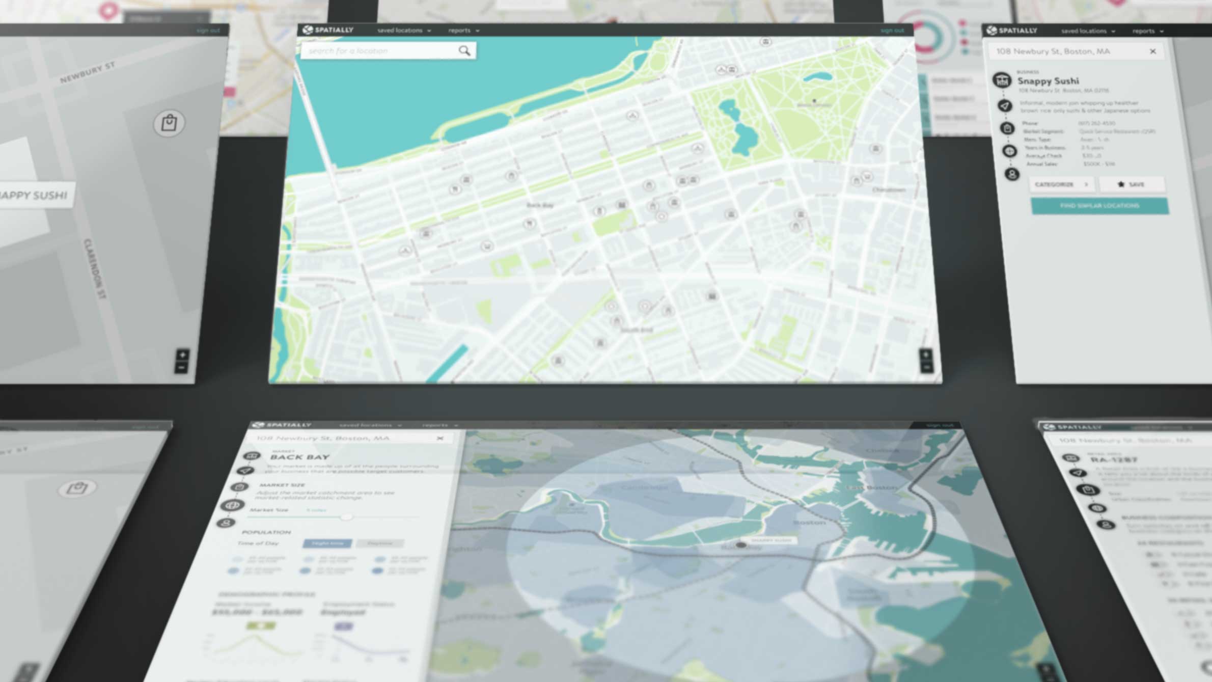 Spatially location intelligence shown on a laptop with a teal background.