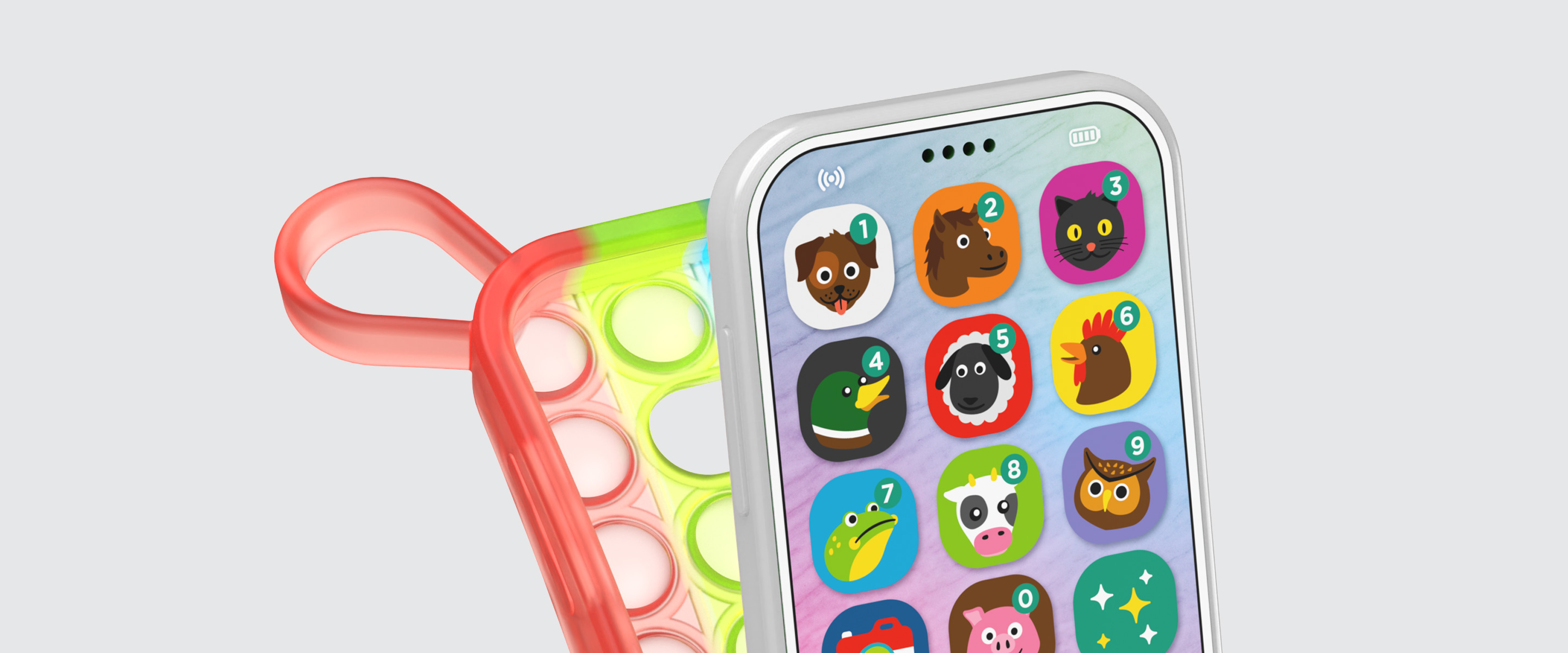 A floating perspective view of the Discovery Kids: Play and Learn Mobile Starter Smartphone with fidget popper phone case.