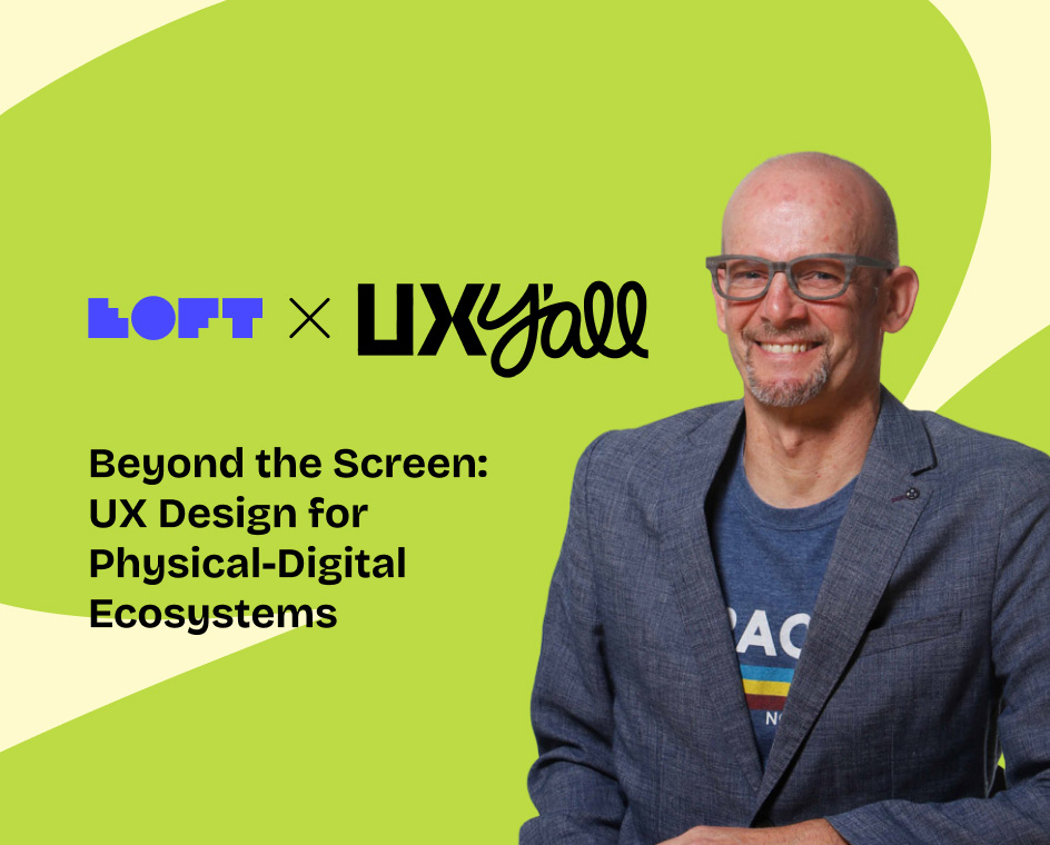 Image of Gregor on a green graphical background with the loft logo and UX Y'all logo on the top and title 'Beyond the Screen: UX Design for Physical-Digital Ecosystems'