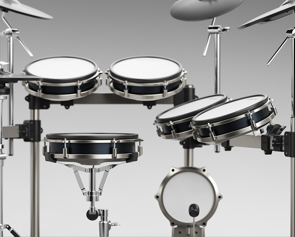 A view of the toms of the Simmons Titan 50 drum kit set while a drummer is playing music