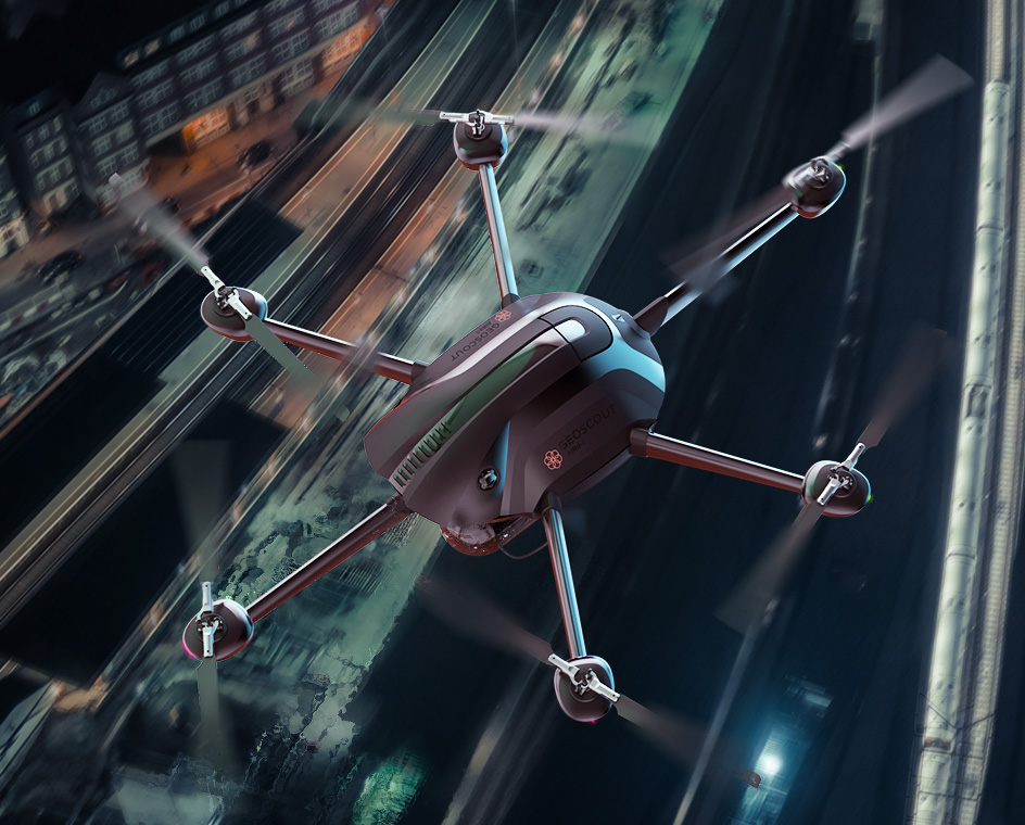 GeoScout AIRd-1 drone flying over a railroad yard