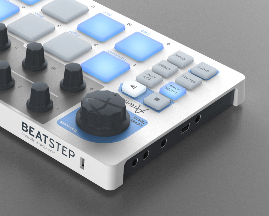 The Arturia BeatStep Pro on a reflective gray surface