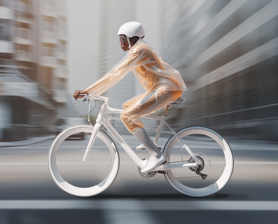 A cyclist riding a futuristic bike, enhanced with AI, on a city street
