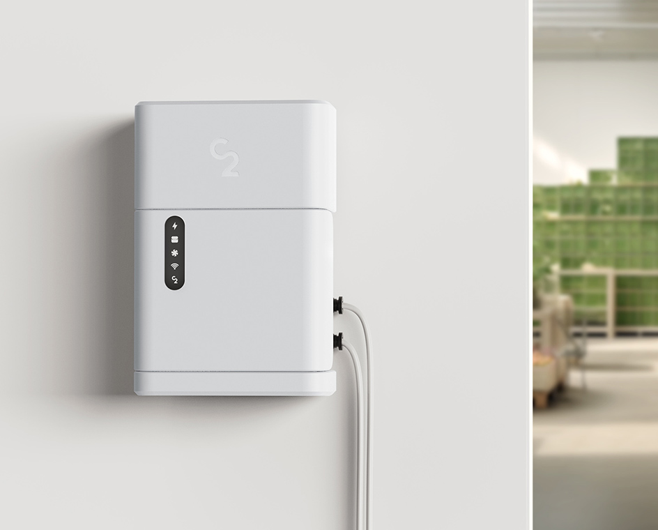 C2 Sense IoT device mounted on a wall in an food processing facility