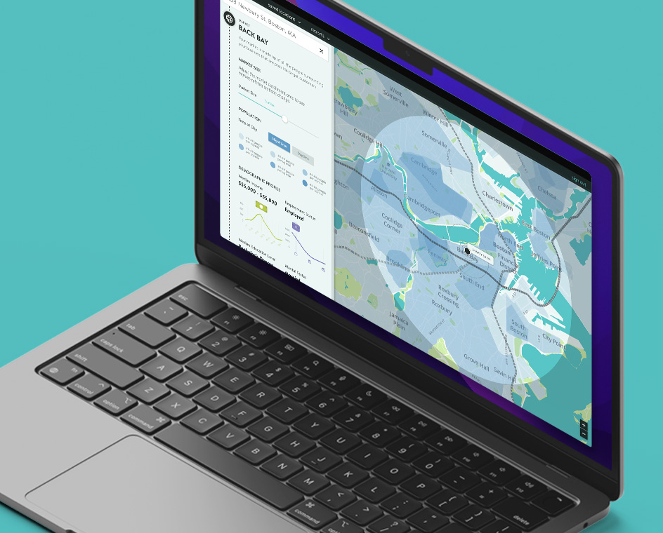 Spatially location intelligence shown on a laptop with a teal background.