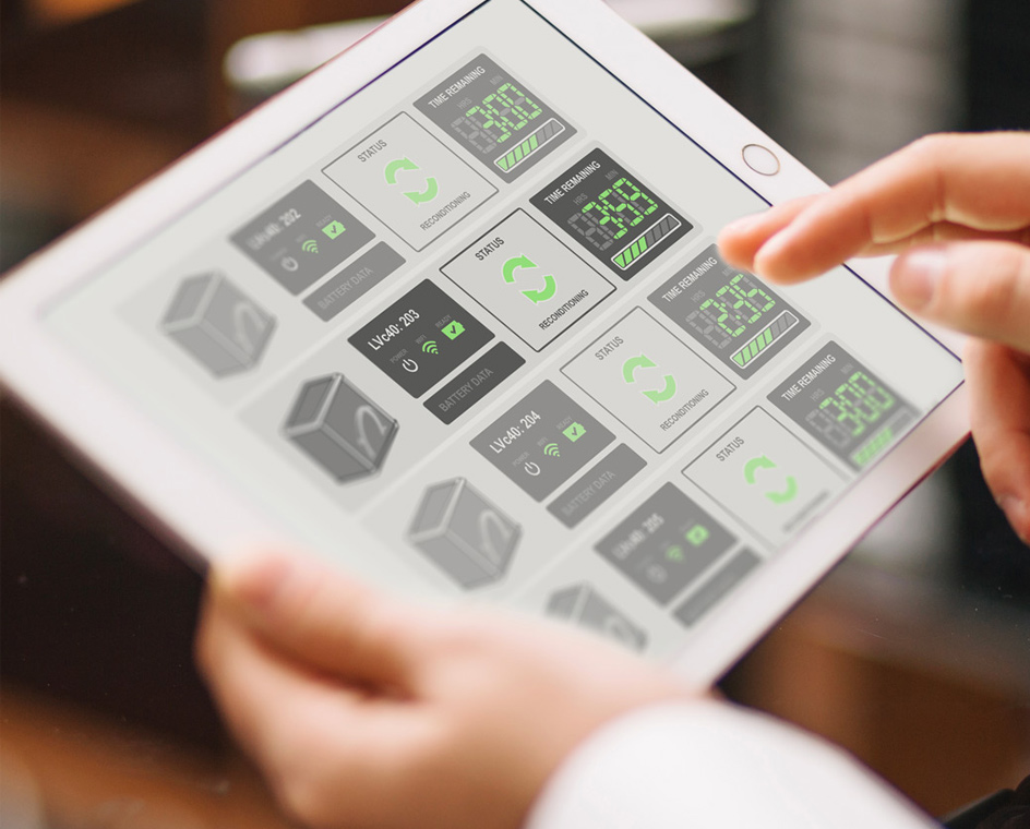 A person holding and tablet and interacting with and LVc40 process diagram.