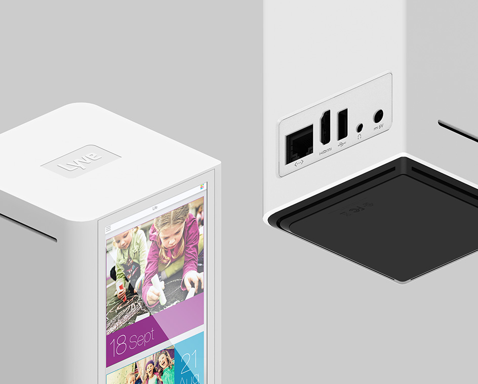 Zoomed-in images of Lyve Home from top and bottom perspectives on a solid gray background