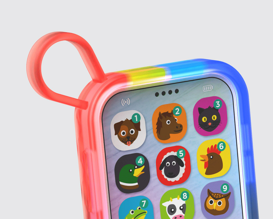 A floating perspective view of the Discovery Kids: Play and Learn Mobile Starter Smartphone with fidget popper phone case.