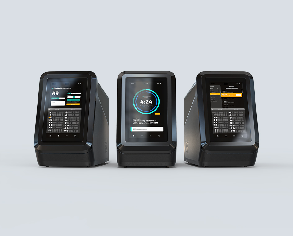 Three 908 Rebel Devices lined up next to each other showcasing the digital interface