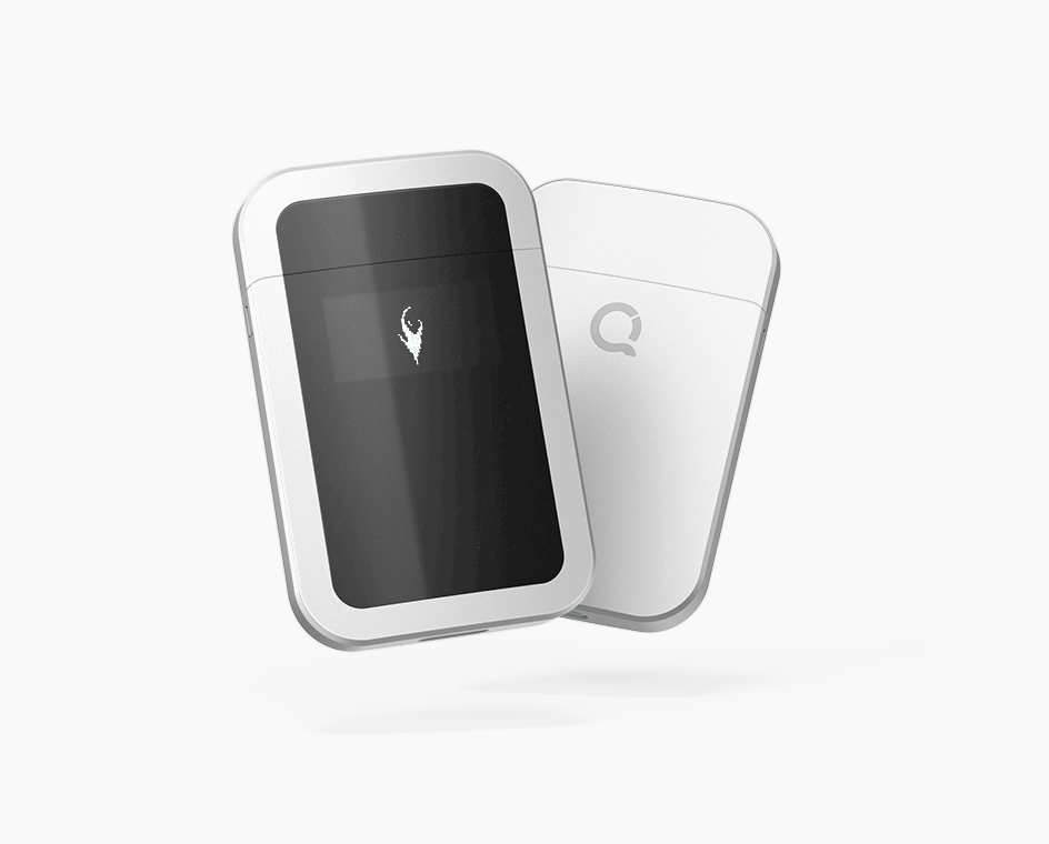 Front and back of the Quitbit smart lighter with a small flame animation being shown on the display.