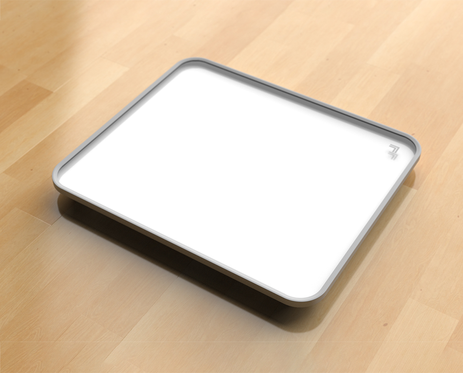 The Sharper Image SpaStudio Digital Scale sits on a wooden floor