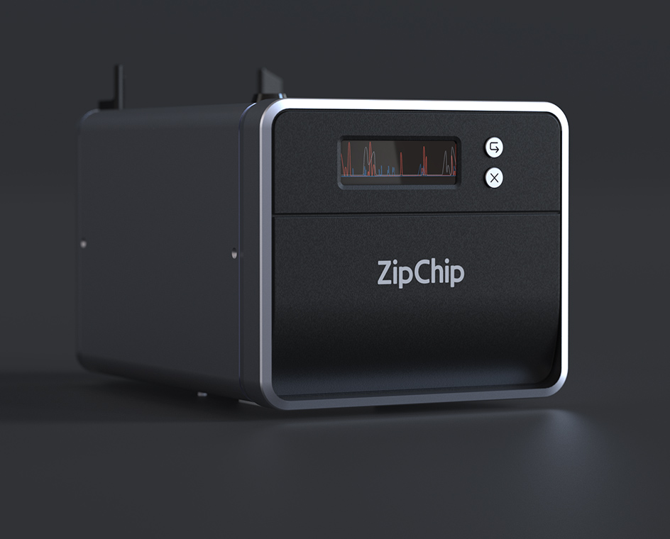 ZipChip is sitting in a photo studio with a dark gray background in 3/4 perspective