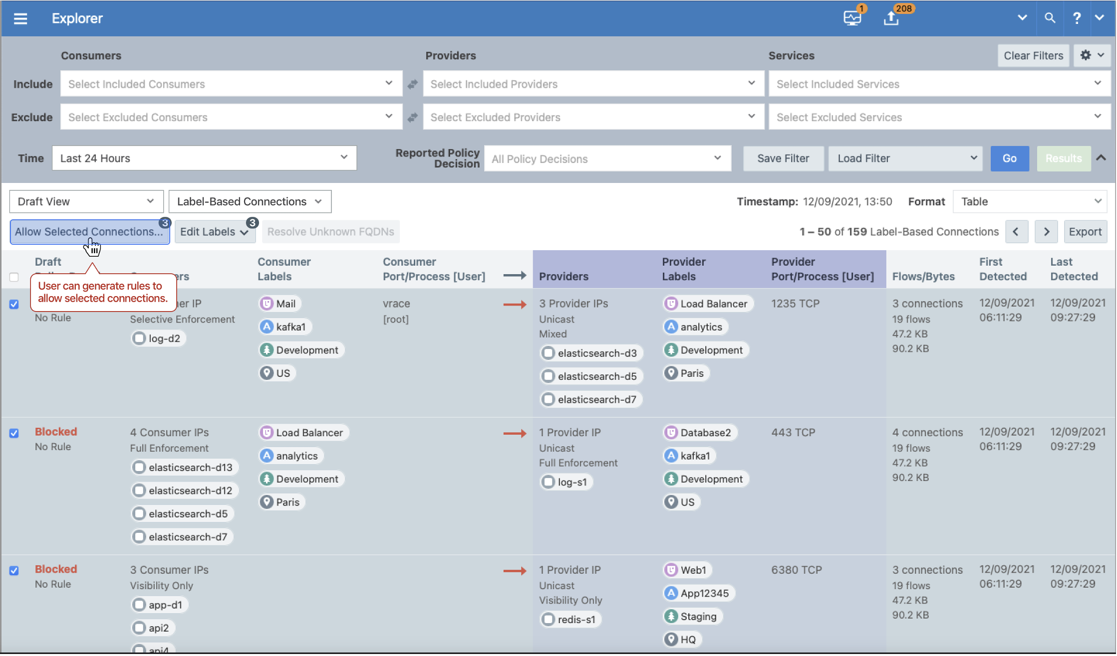 Illumio Explorer label-based connections