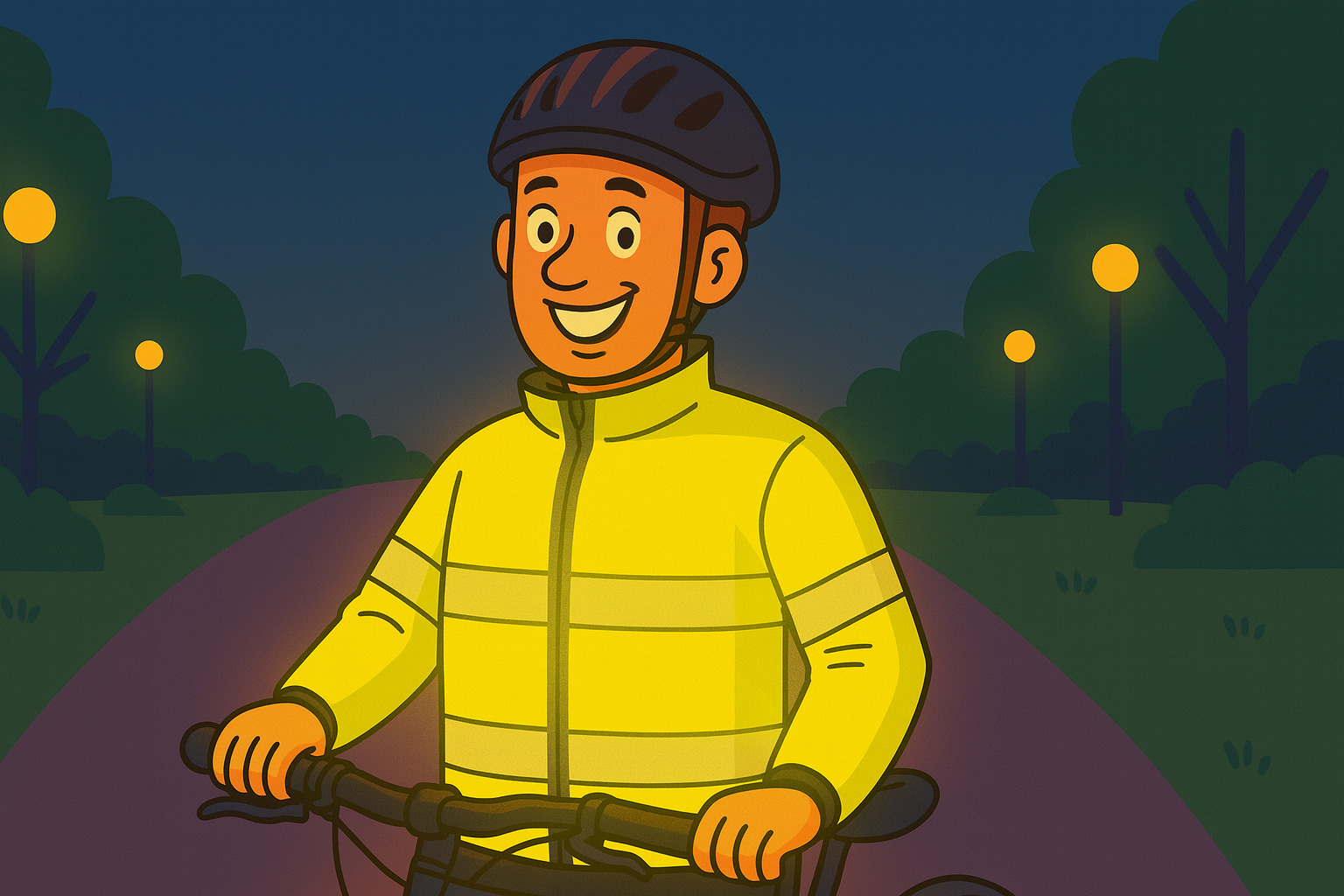 Cartoon of smiling cyclist wearing a hi-vis jacket