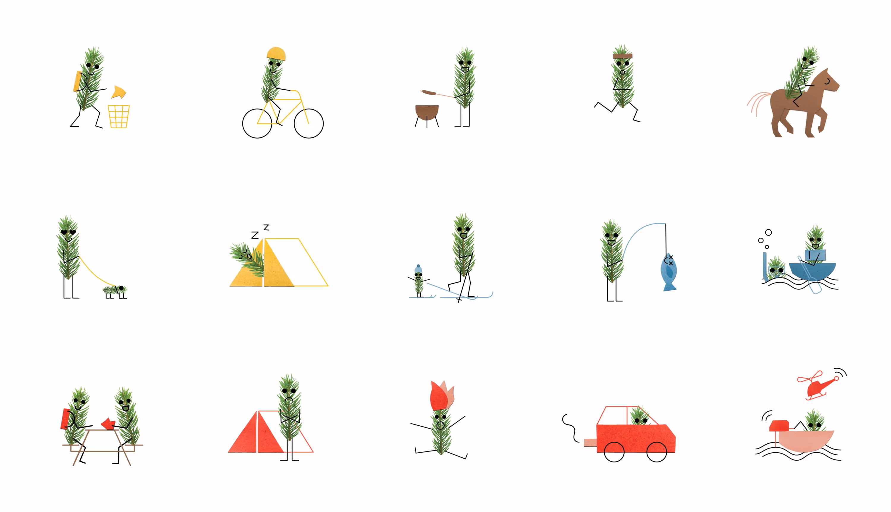Twelve illustrations of pine twig characters engaged in various activities including trash disposal, biking, grilling, jogging, horseback riding, walking dogs, sleeping in a tent, skiing, fishing, boating, eating at a picnic table, camping, dancing, driving a car, and riding a motorboat.