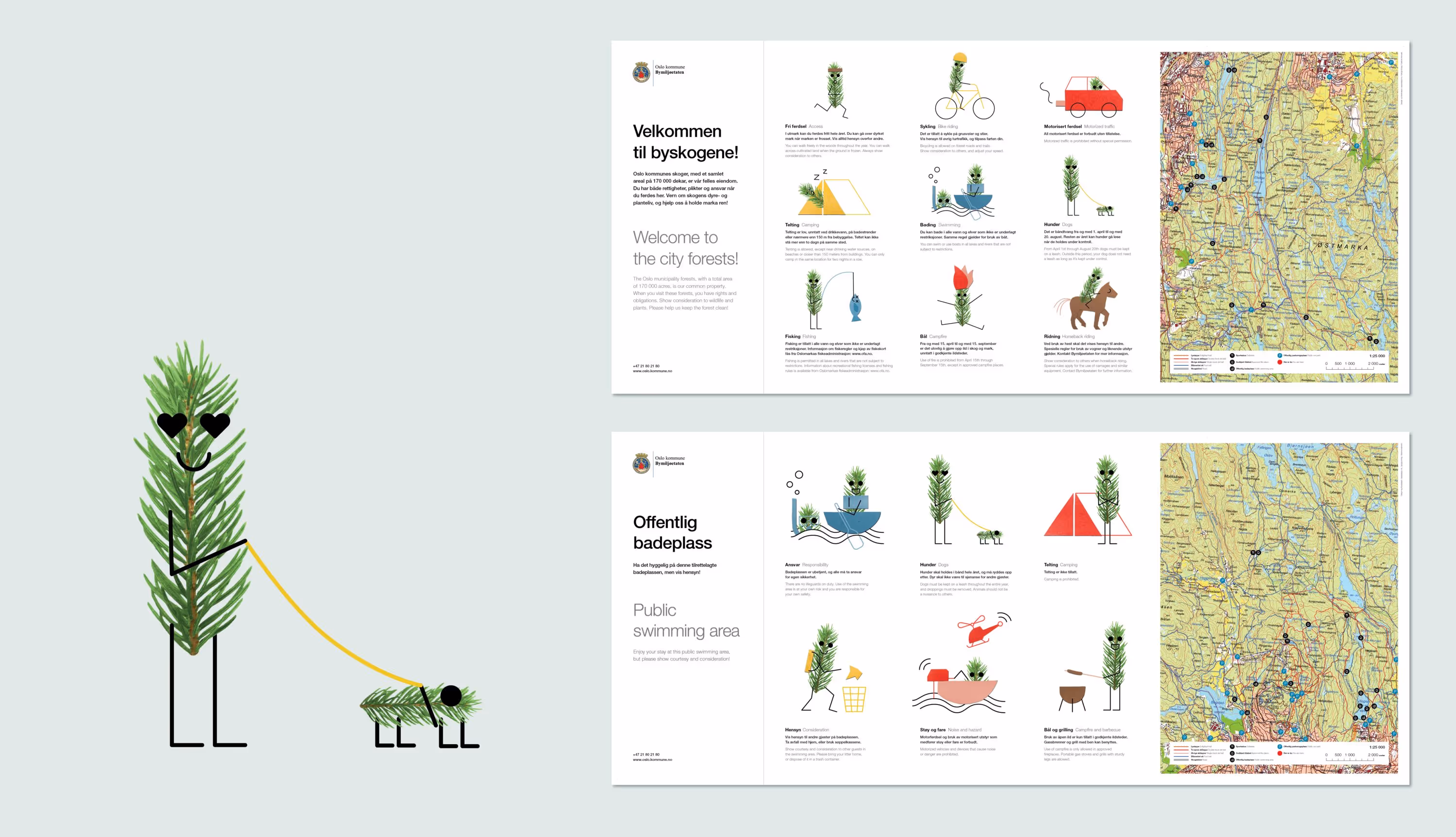Illustration of a smiling pine tree character holding a leash attached to a smaller pine tree dog, alongside two panels with forest rules and maps in Norwegian and English.