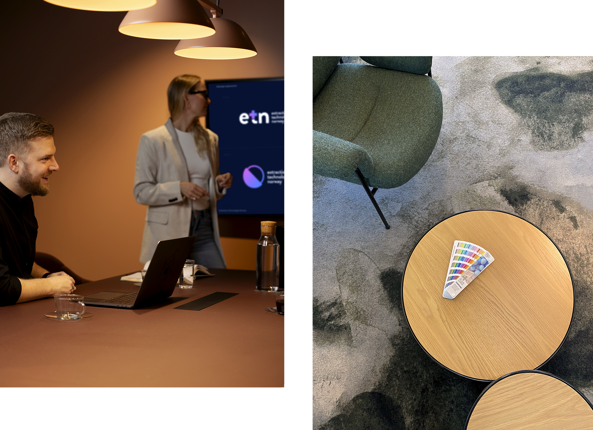 A composition of two images. Image 1: Office meeting scene with Jon sitting at a table with a laptop and Aimee standing near a screen displaying the ETN logo. Image 2: Top view of a wooden round table with a Pantone swatch and a green armchair on a patterned carpet 