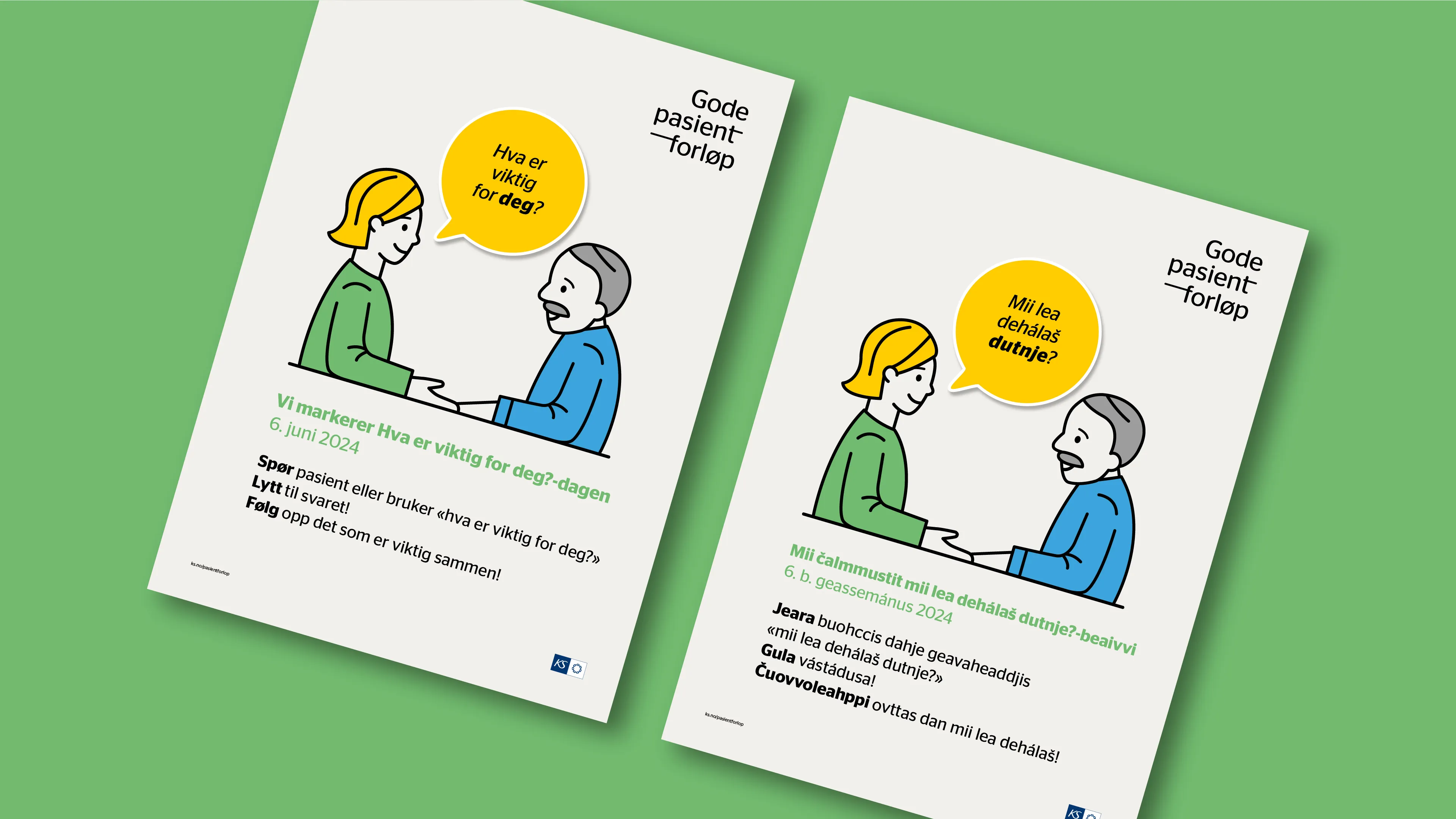 Two flyers side by side on a green background showing an illustration of a woman and a man talking with speech bubbles containing Norwegian text about patient care.