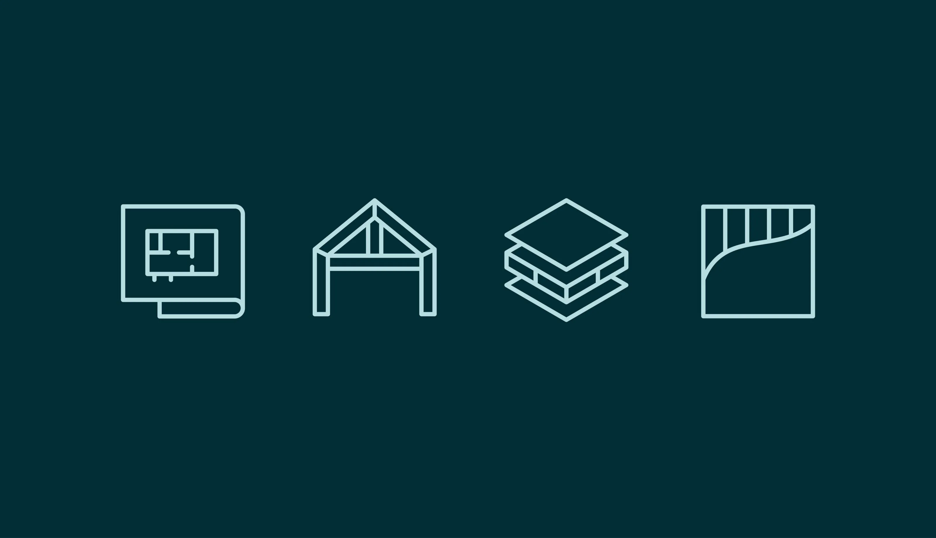 Four light blue icons on dark background representing a floor plan, a roof structure, layered building materials, and an insulation panel.