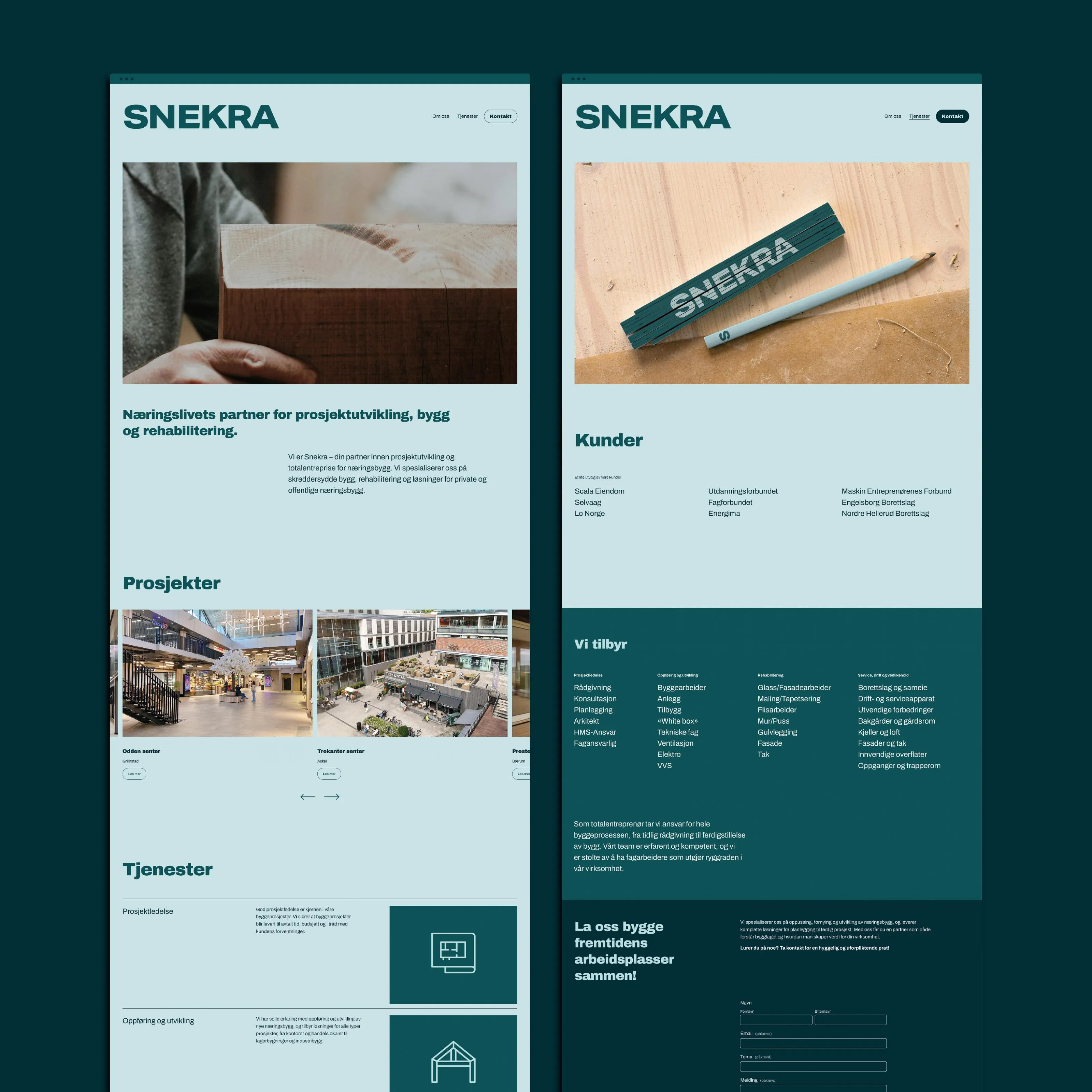 Snekra construction company website with sections for projects, services, clients, and a contact form, featuring images of wood and construction sites.