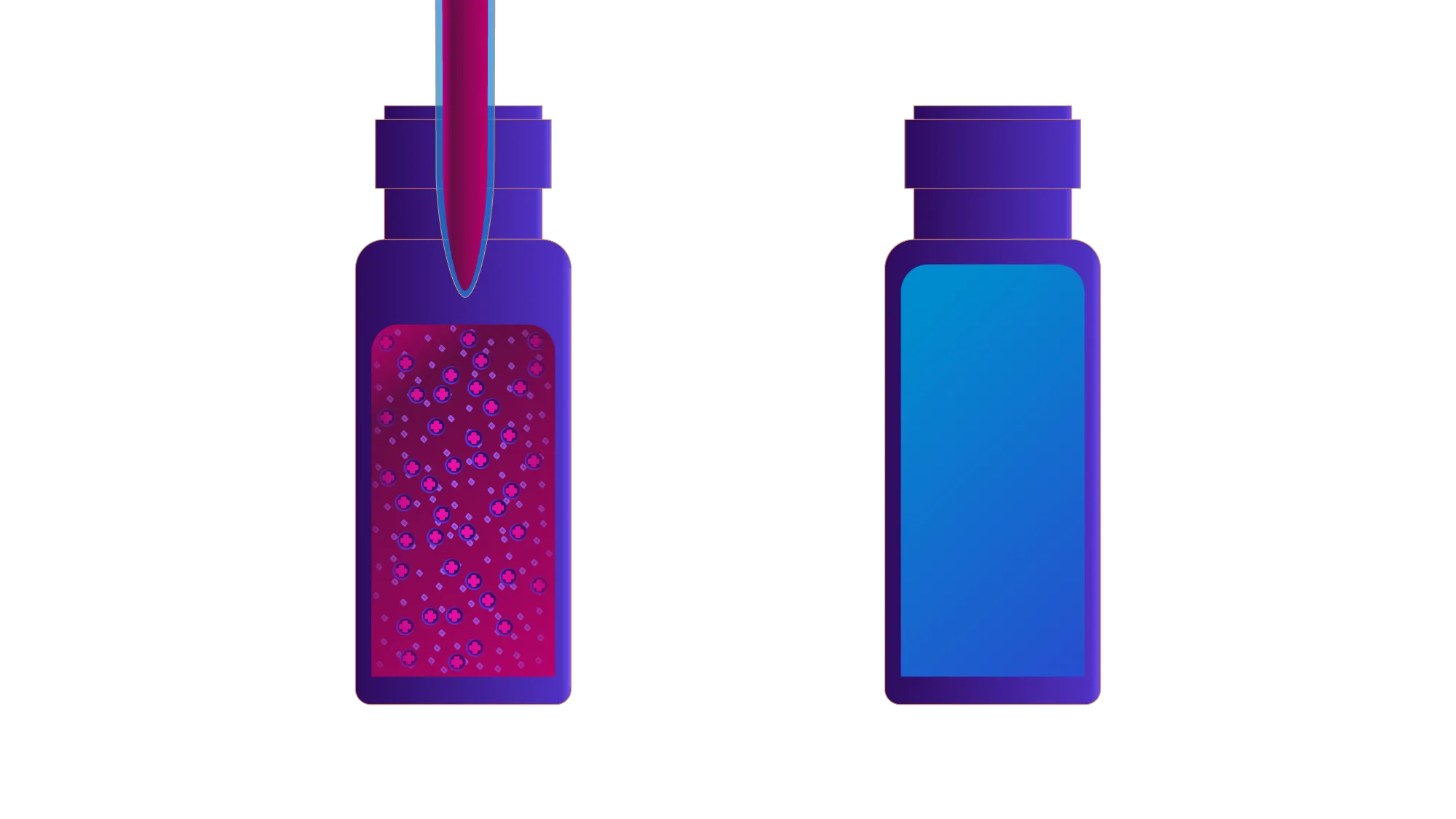 Illustration of two purple medicine bottles, one with a dropper adding liquid with visible particles inside and the other with a plain blue label.