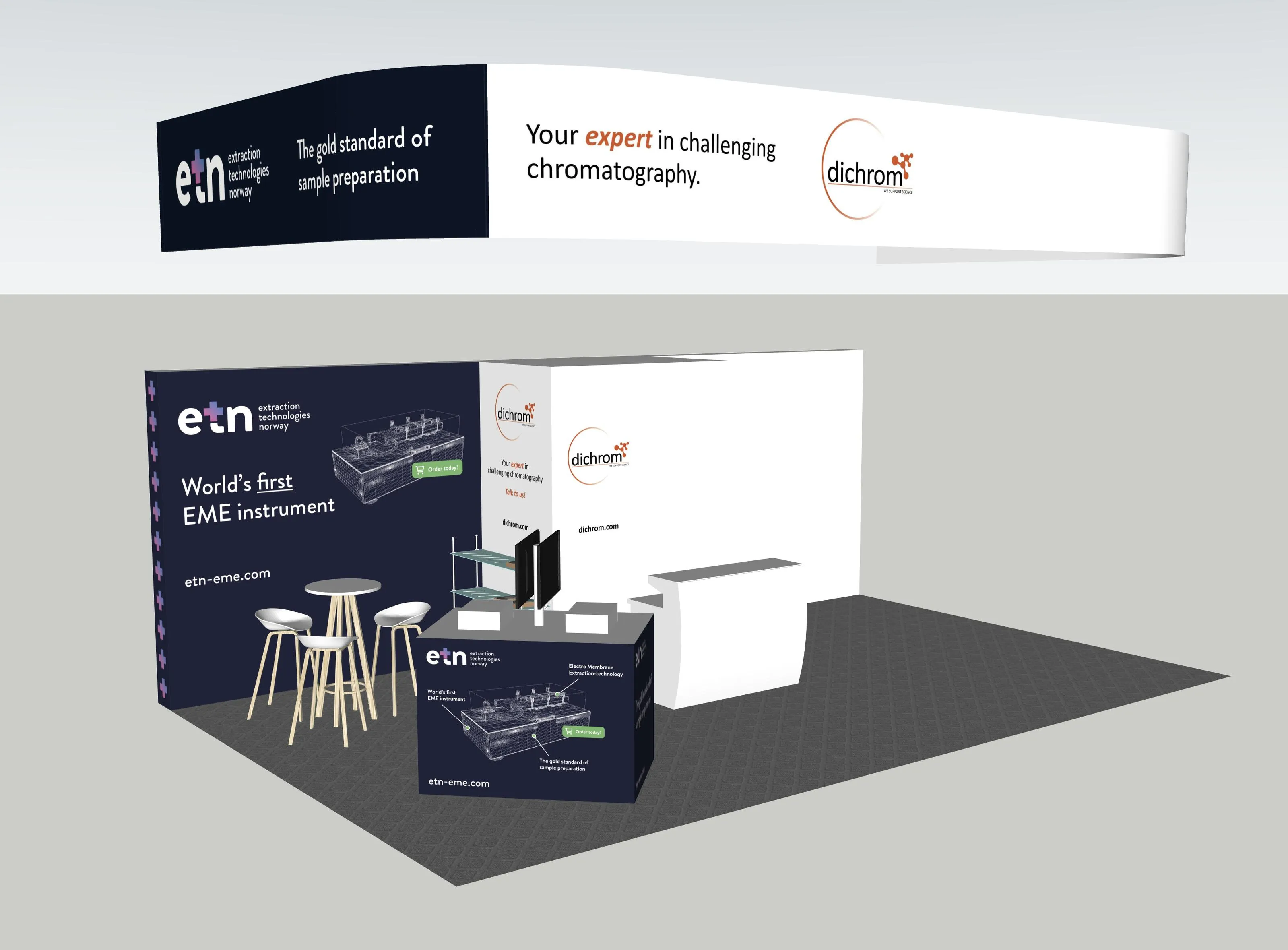 Exhibition booth featuring Extraction Technologies Norway branding with high table and stools, a reception counter with monitors, and promotional text about the world's first EME instrument and chromatography expertise.