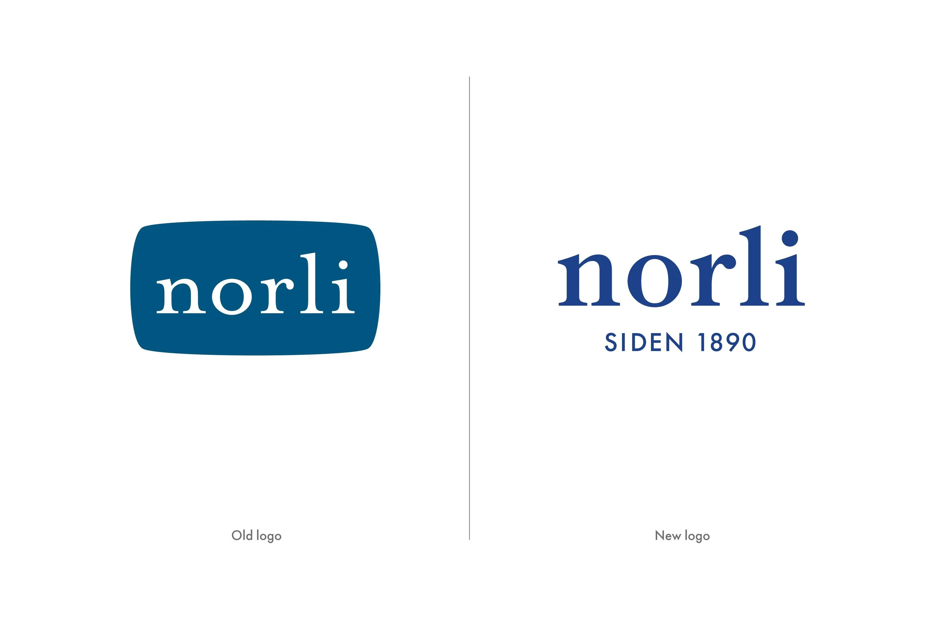 Comparison of Norli's old logo in white text on a blue rounded rectangle and new logo in blue text with 'SIDEN 1890' below.