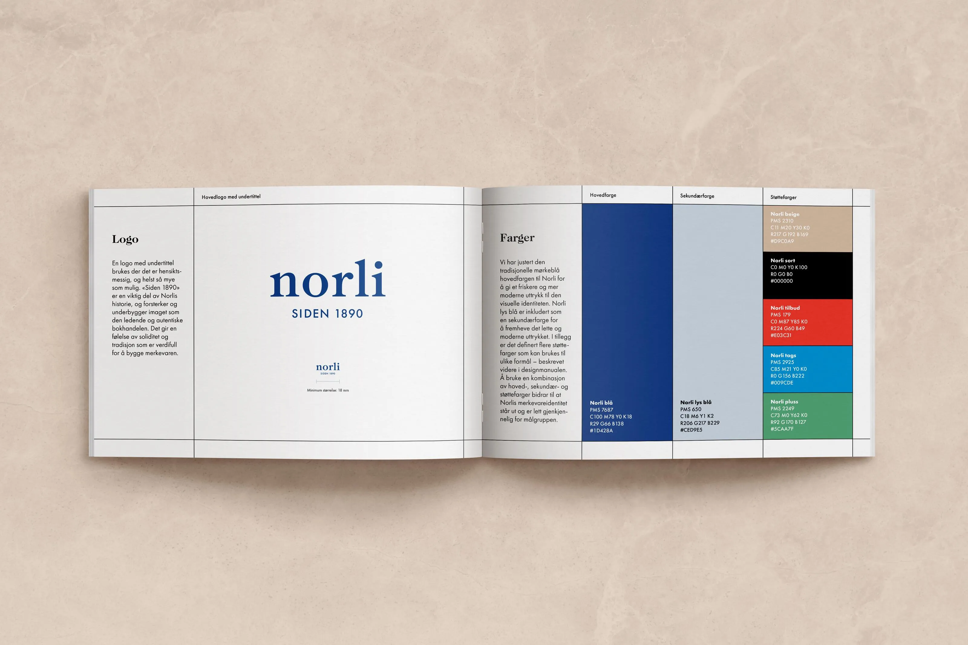 Open brand guideline booklet showing Norli logo on the left page and color palette with specifications on the right page.