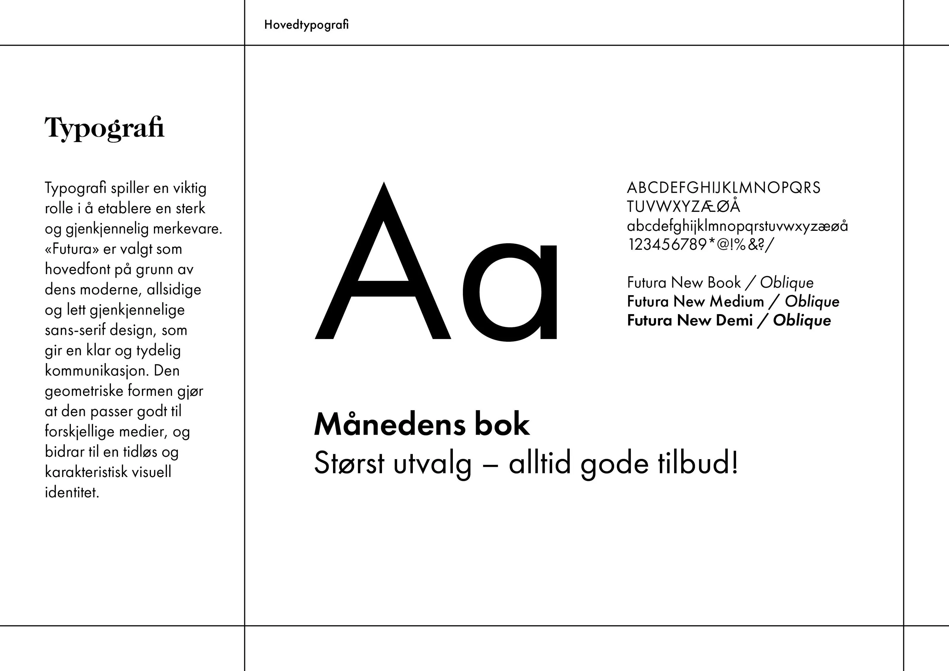 Typography guide highlighting the Futura font family with uppercase and lowercase letters, numbers, and styles, plus text in Norwegian about its role in branding and visual identity.