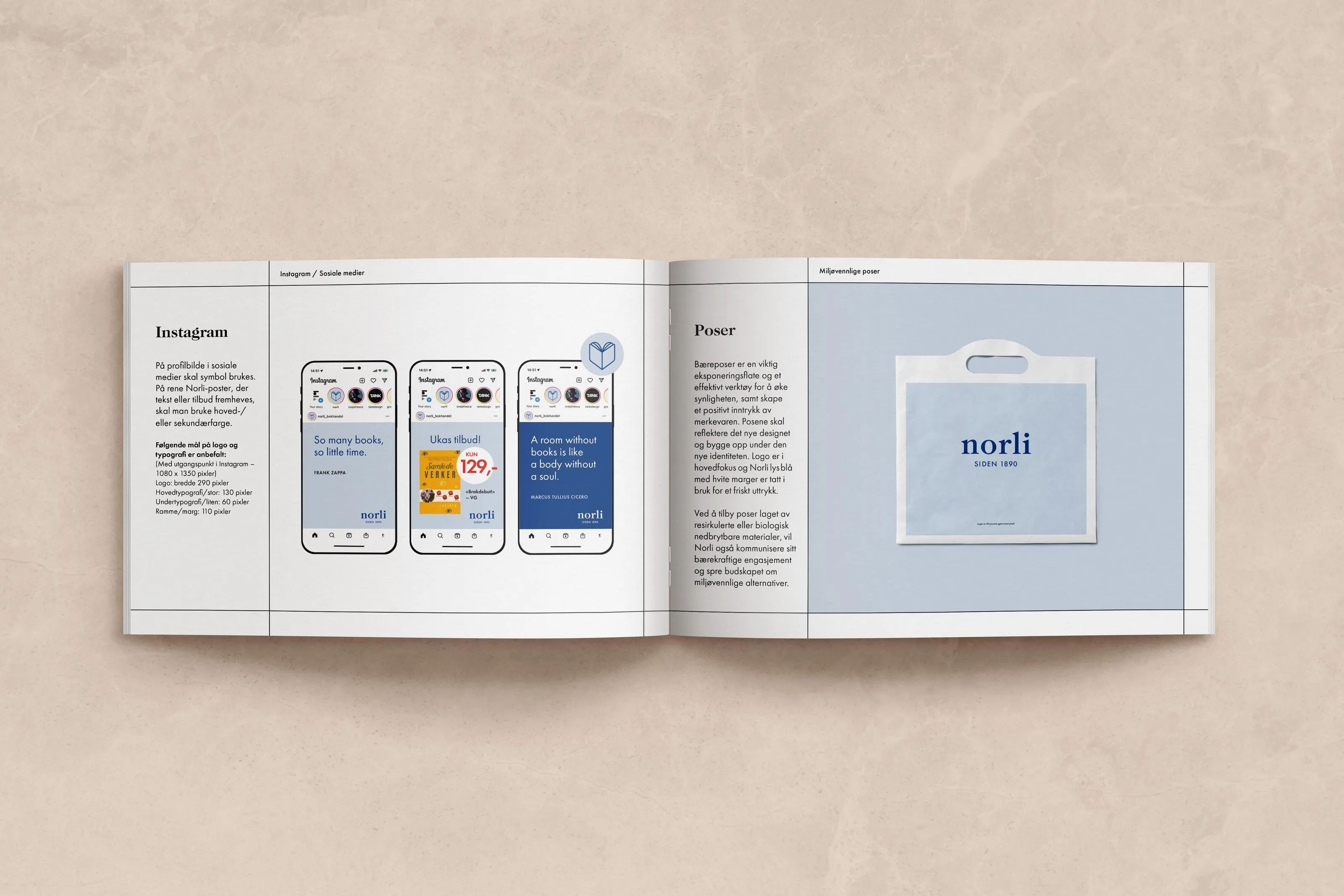 Open design manual showing Instagram post designs on the left and an image of a plastic bag with the Norli logo on the right.