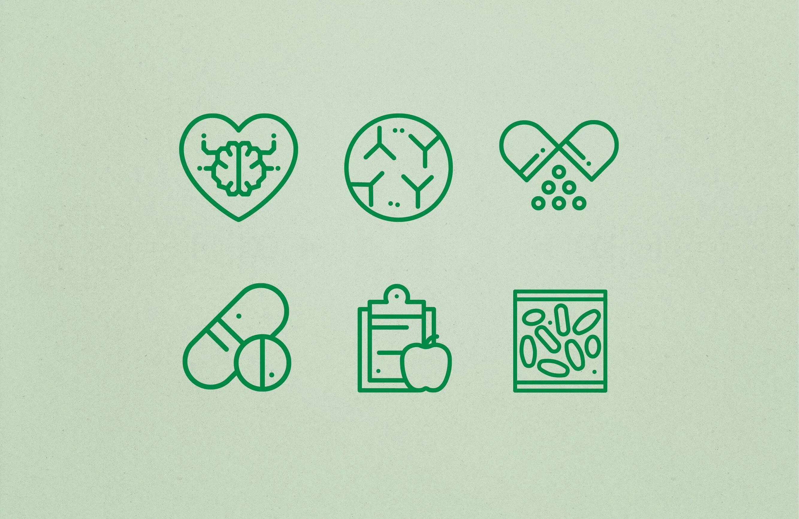 Six green line icons on a light green background representing brain health, antibodies, capsules with pellets, pills, a clipboard with an apple, and bacteria or probiotics.
