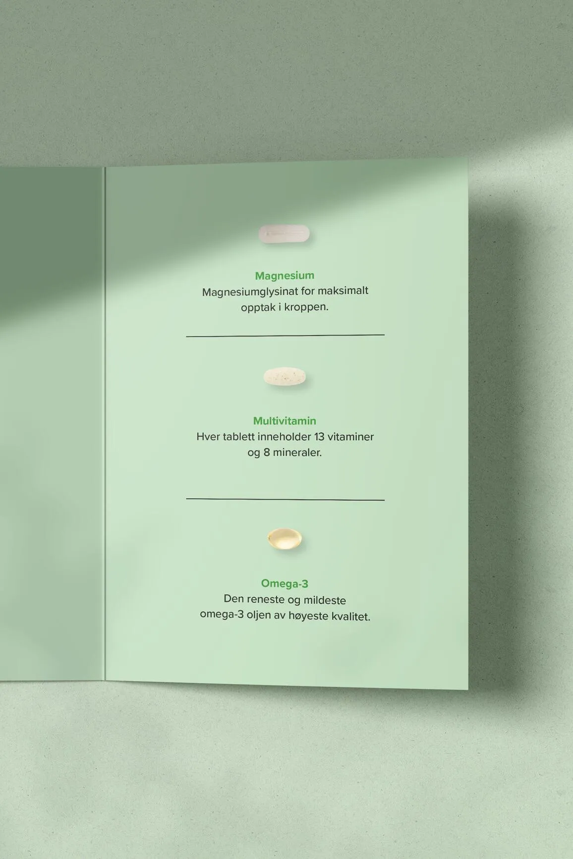 Three supplements displayed on a green background with descriptions in Norwegian: Magnesium tablet, Multivitamin tablet, and Omega-3 softgel.