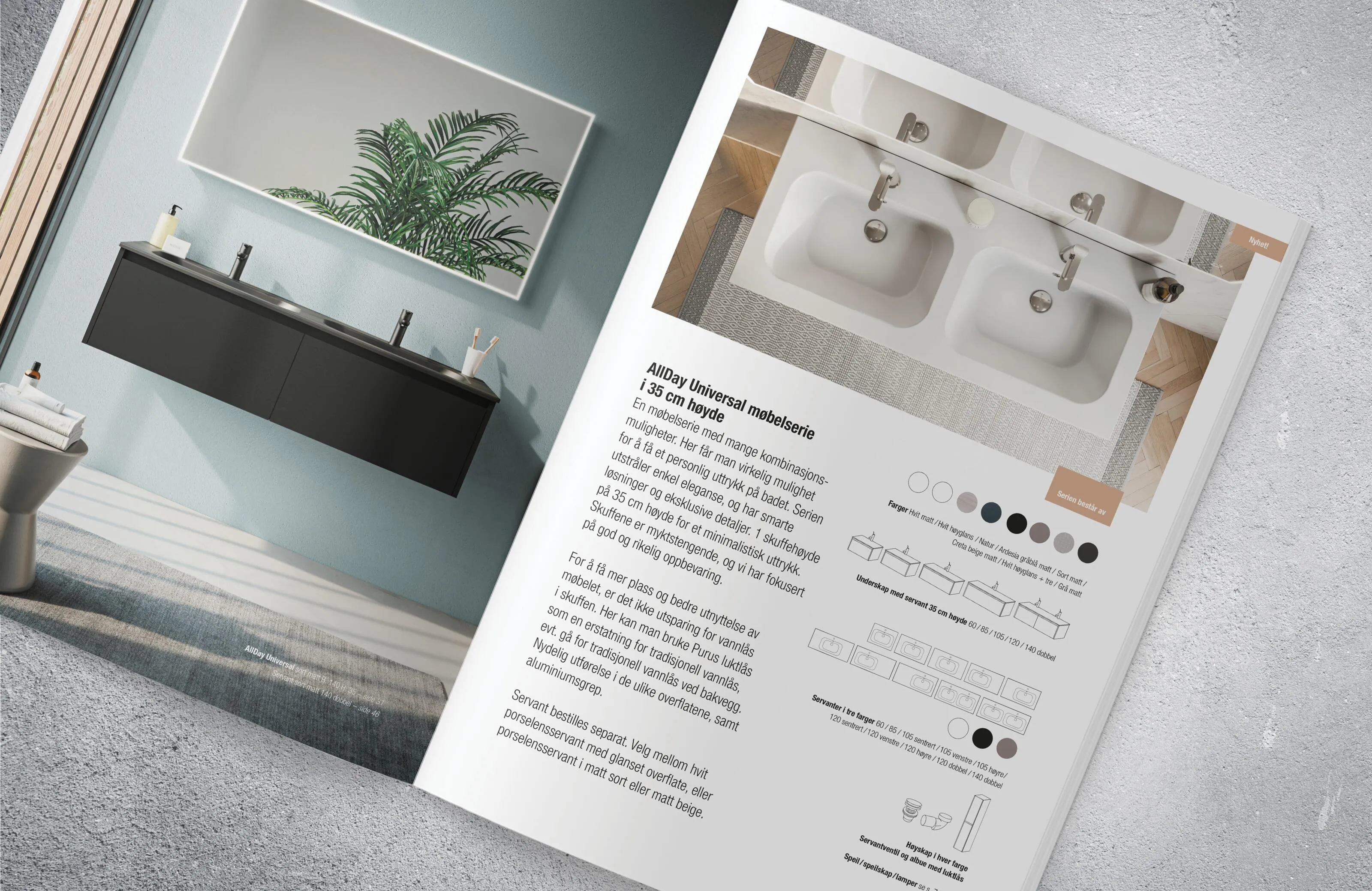 Alterna product catalogue double-page spread featuring lifestyle photography of Nordic bathroom with white furniture, product technical specifications, typography samples, and material texture elements connecting print and digital design guidelines.