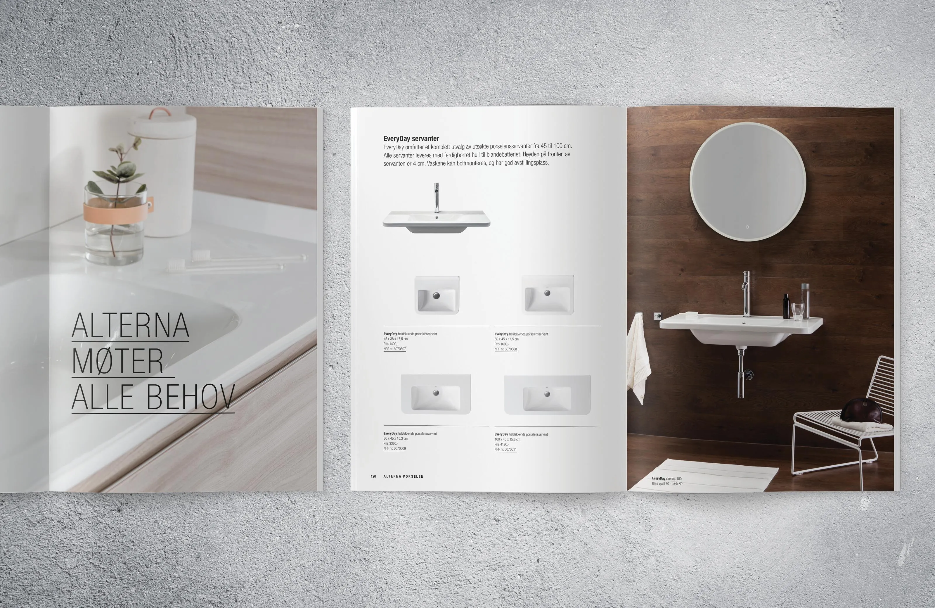 Alterna marketing material layout showing balanced typography hierarchy with large product images of bathroom furniture, clean sans-serif headlines, supporting text, and strategic white space demonstrating cohesive design system application.