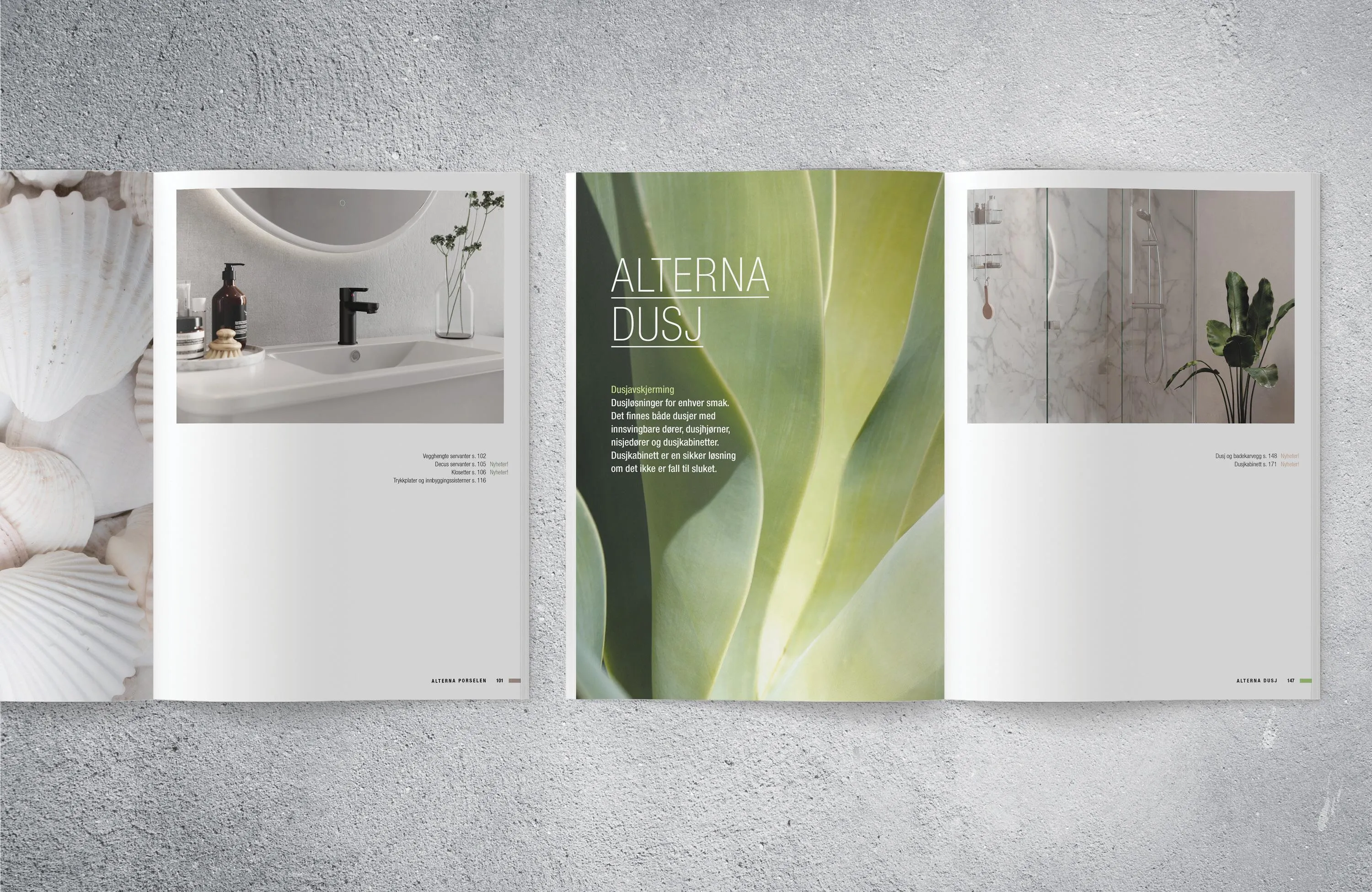 Alterna product catalogue page spread featuring large-scale product photography of white bathroom furniture, bold sans-serif headline typography, supporting body text, and generous white space demonstrating refined design system hierarchy.