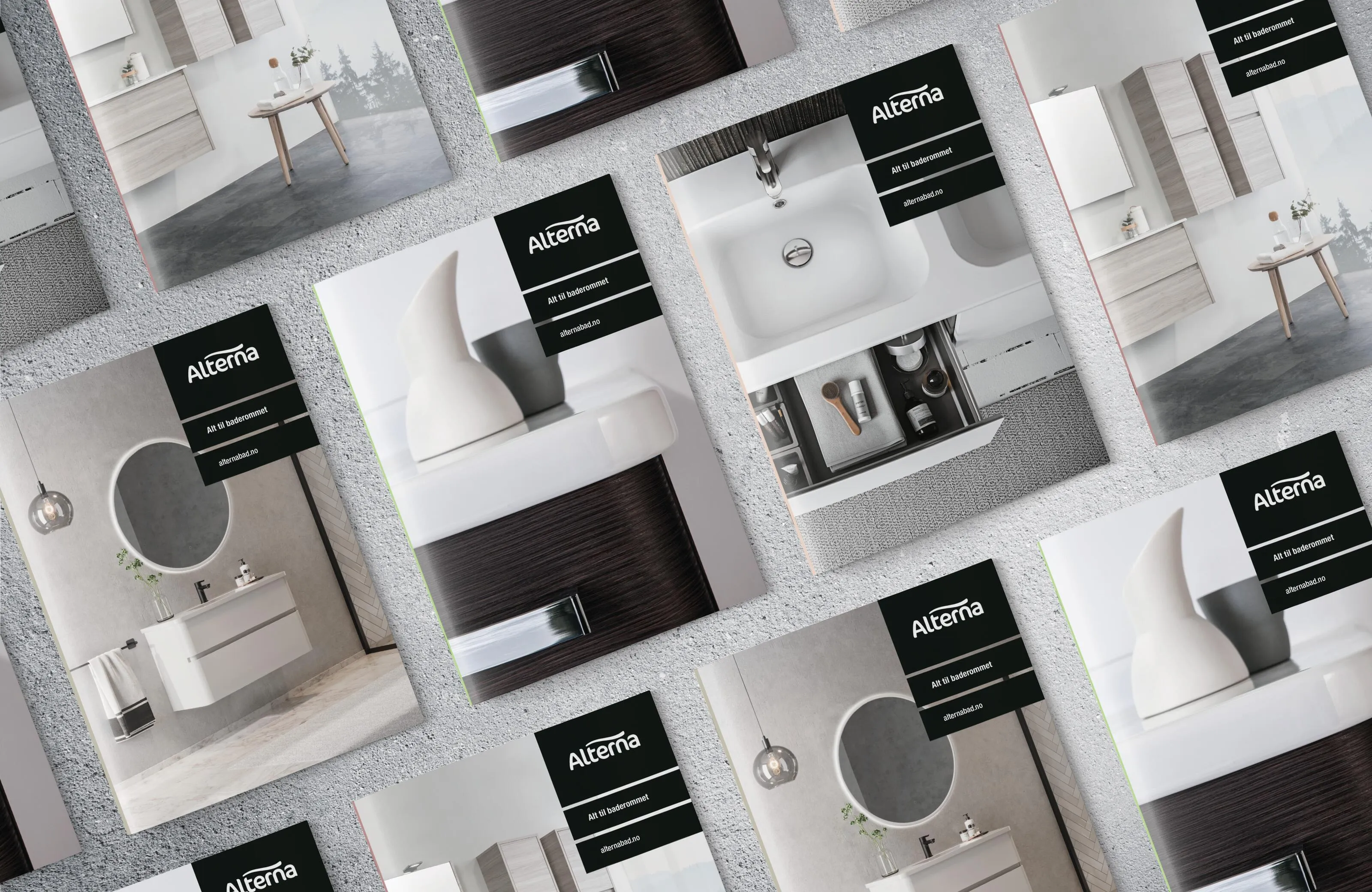 Alterna logo with uppercase sans-serif black lettering displayed on a black square tag background, positioned on white surface showing the simplified and refined brand identity mark.